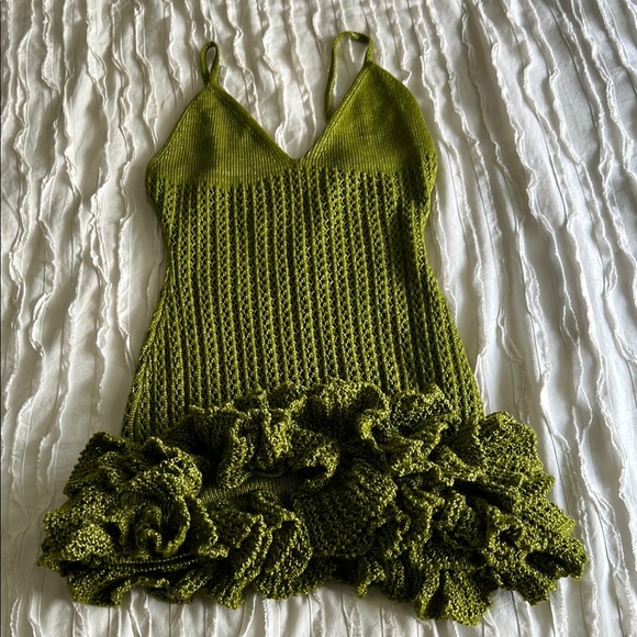 Hanifa Dresses & Skirts - Hanifa Crochet Green Knit Dress with Ruffle Hem